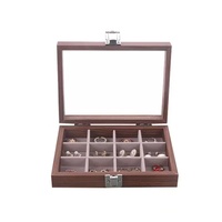 Boîte de présentation de bijoux en bois avec couvercle en verre, compartiments multiples, insert en velours, étui de rangement pour bagues et boucles d'oreilles