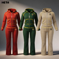 Ensemble de survêtement deux pièces en maille gaufrée avec logo personnalisé, sweat à capuche zippé et pantalon évasé, en coton et élasthanne, doux et extensible, tenue décontractée pour l'automne
