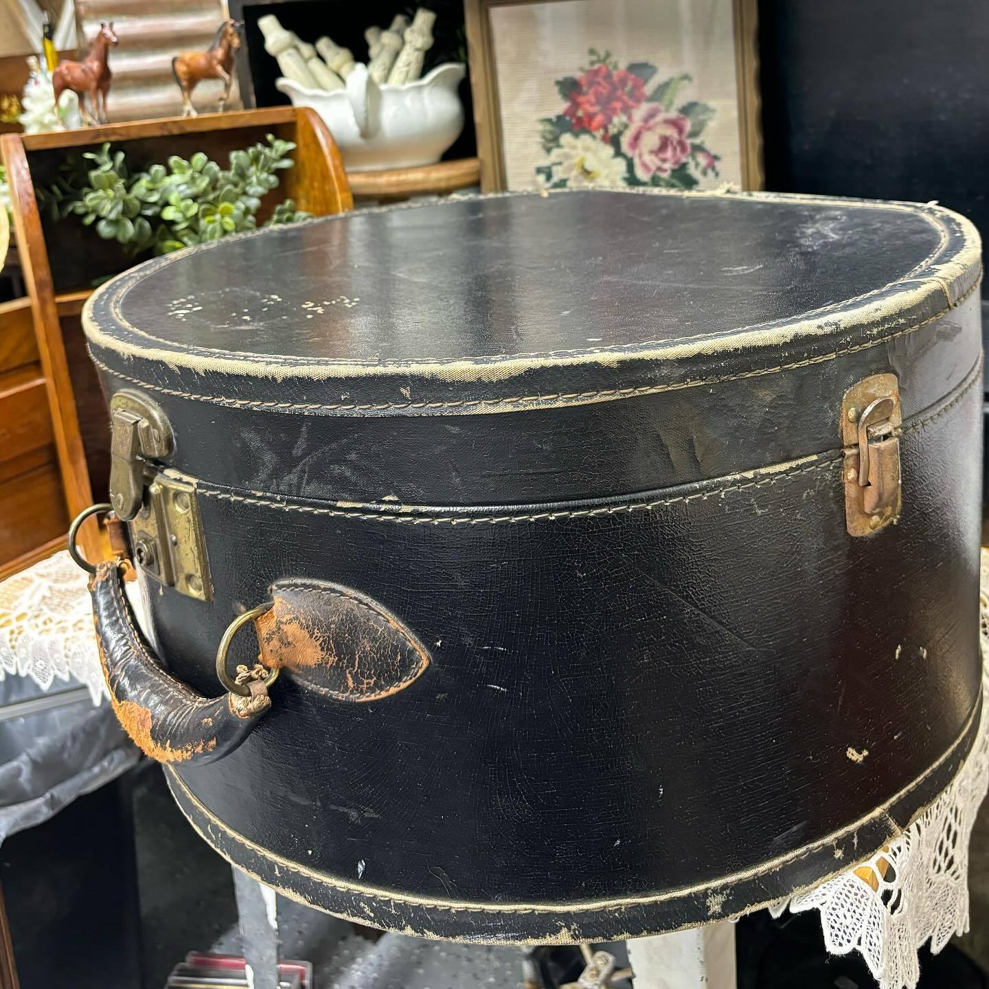 Antique Vintage Round Black Leather Hat Box - Custom Cowboy Hat 
