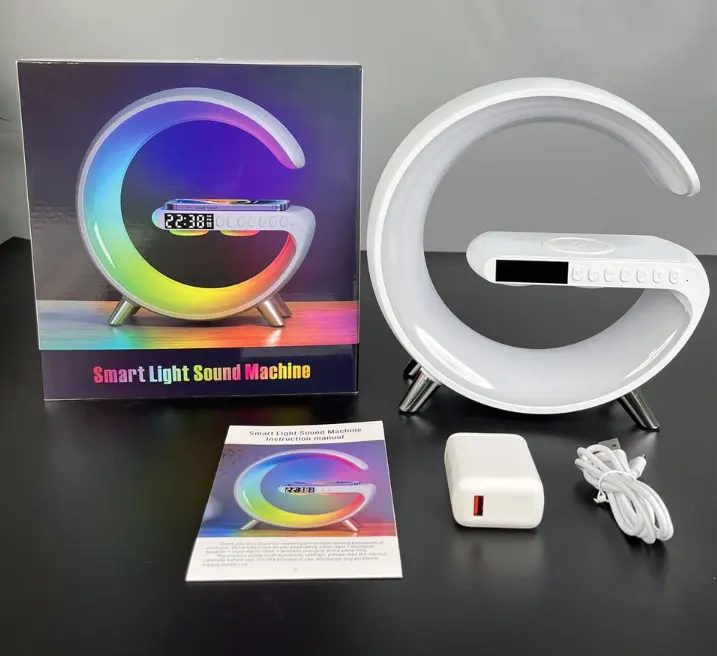 4 in 1 Wireless Charger Station Speaker Colorful Atmosphere LED Night Light Smart Lamp Alarm Clock for iPhone 12 13 14 Pro Max