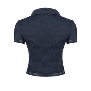 Camiseta Corta de Mezclilla para Mujer, Estilo Urbano, Lavado Oscuro, Cuello en V Profundo, Manga Corta, Abotonada, Ajustada - Product Image 5