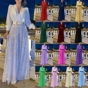 Ensemble <span class=keywords><strong>pantalon</strong></span> et chemise pour femme, chemise à col en V, couleur unie, manches longues, <span class=keywords><strong>pantalon</strong></span> à jambes larges à paillettes, ensemble <span class=keywords><strong>pantalon</strong></span> pour femme - Product Image 1