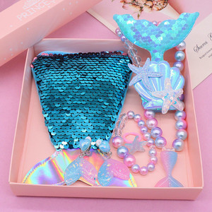 Conjunto de joyería para niños y niñas, collar de sirena para niños, anillo, pendientes, horquillas, diademas, conjunto de caja de regalo - Product Image 1