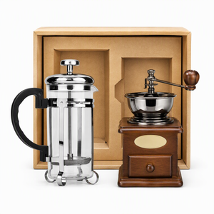 เครื่องบดกาแฟไม้แบบโบราณพร้อมลิ้นชักและชุดเครื่องชงกาแฟเฟรนช์เพรสแบบมือหมุน แผ่นทองเหลืองสไตล์เรโทร ของขวัญสำหรับบาริสต้าที่บ้าน - Product Image 1