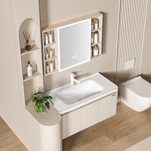 Modern bathroom cabinet combination ceramic integrated basin washbasin smart <b>mirror</b> cabinet cream style - Product Image 2
