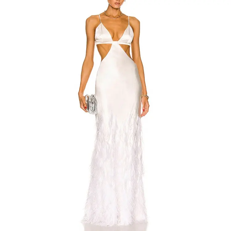 Robe de soirée en soie blanche avec plumes, design de luxe, haute qualité