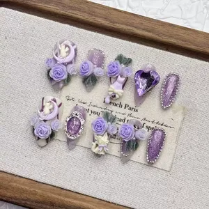 <span class=keywords><strong>Uñas</strong></span> Postizas al por Mayor, Hechas a Mano, con Diseño de Ojo de Gato Morado, Forma Corta, Acrílicas, con Detalles de Gatito - Product Image 3