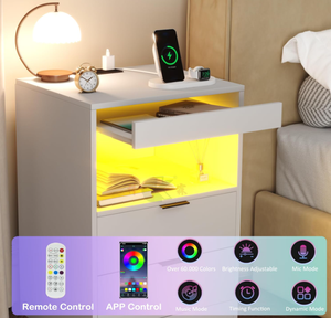 Table de chevet moderne blanche à LED avec station de charge, ports USB et prises électriques, tiroir pour les petites chambres - Product Image 4