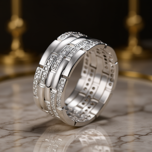 Anello Eternity Classico Placcato in Oro Bianco, Acciaio Inossidabile con Zirconia Cubica Creata in Laboratorio, Design Geometrico Unisex - Product Image 2