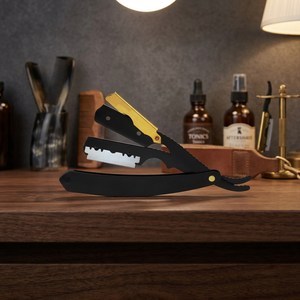 Black Folding Straight <b>Razor</b> With Gold Accents Stainless Steel <b>Blade</b> For Men Barber Shop Use <b>Single</b> <b>Blade</b> Design - Product Image 1