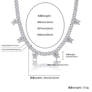 Hip-Hop-Schmuck 8mm Messingbasis Gold&Silber&Roségold Plattiert mit CZ-Steinen Besetzt Modische Iced-Out Schmetterling Cuban Link Halskette - Product Image 6