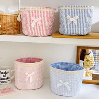 Panier de rangement en coton matelassé avec nœud et dentelle, motif cœurs rayés, pour pinceaux de maquillage, idéal pour le bureau