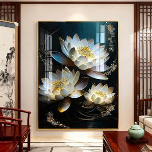 Decoración Moderna para el Hogar, Pintura Decorativa para Sala de Estar, Paisaje de Loto, Fondo de Sofá, Arte de Pared LED con Diamantes, Pintura de Porcelana de Cristal - Product Image 1