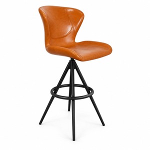GDRS RF-310 Tan <b>Leather</b> Swivel <b>Bar</b> <b>Stool</b> Midcentury Modern Metal Base - Product Image 1