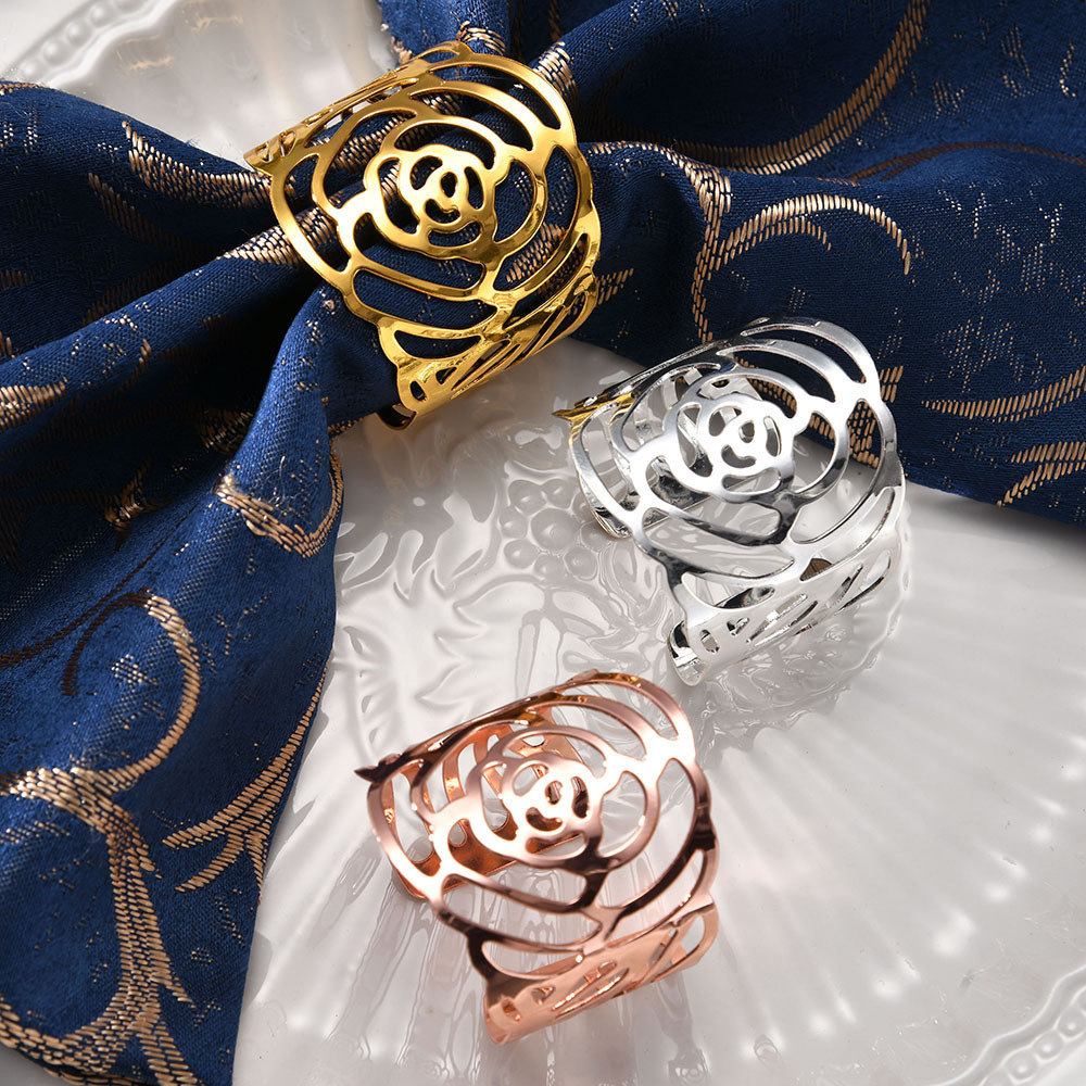 Valentine's Day Table Jewelry Golden Hollow Flower Napkin Ring Cross-Border Supply for Parties by Metal Material