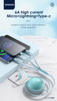 Câble de charge rétractable 3 en 1 100W 6A, mini câble de charge rapide télescopique multi USB, type C, IOS, micro USB, câble de données de voyage