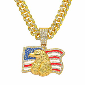 New Unique Design Gold Plated Flag Eagle <b>Head</b> Pendant Necklace Alloy Rhinestone Cool Hiphop <b>Style</b> Men's Necklace Wholesale - Product Image 1
