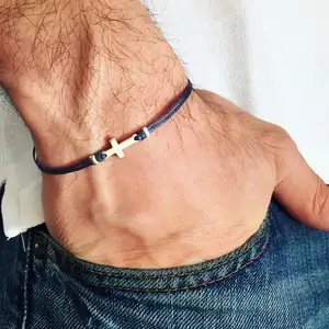 Bijoux d'amitié faits à la main en acier inoxydable, breloque croisée latérale, bracelet en corde de fil réglable pour hommes, bijoux de religion