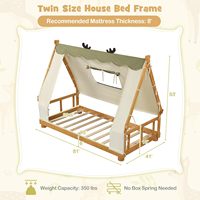 Cama individual de diseño rústico con tela de terciopelo holandés, cama de suelo de madera para niños con forma de casa, con ventana, valla y barandillas de seguridad