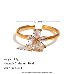 Flower Shape Cubic Zirconia <b>Cocktail</b> <b>Ring</b> Stainless Steel 18K <b>Gold</b> Plated Prong Setting Women's Glam Daily Wear Jewelry - Product Image 2