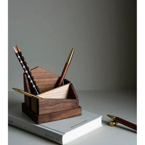 Wooden <b>Pen</b> Holder Black Walnut Triangle Shape Desktop Stationery Storage <b>Box</b> Multi Purpose Business Card Organizer - Product Image 1