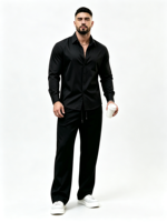 Chemise d'été respirante vintage à manches longues pour homme, col rabattu, couleur unie, tissu lisse, chemise habillée décontractée pour affaires