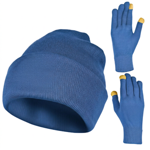 Bonnet unisexe en tricot d'hiver avec gants tactiles, couleur bleu uni, décontracté, pour l'extérieur, pour adultes - Product Image 1