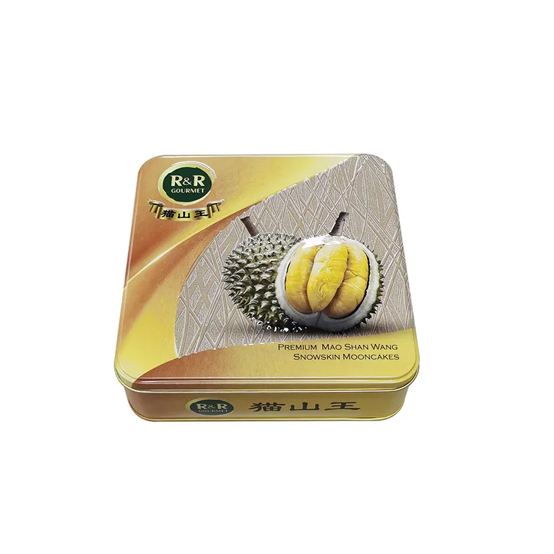 Grosir Kotak Kaleng Cetakan Kustom Biskuit Kue Bulan Durian Persegi Kosong dengan Tutup Blister dan Embossing Emas