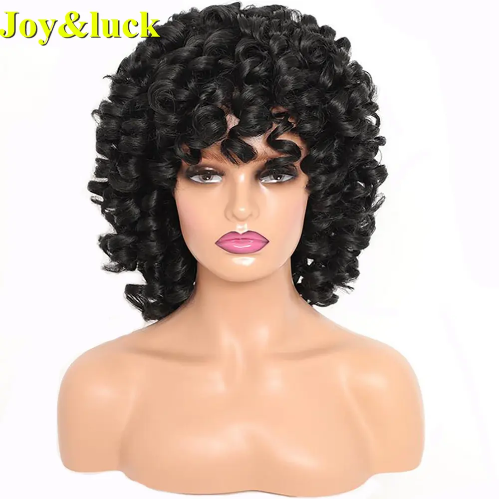 High Quality Wholesale Hair Adjustable Size Daily Life Natural Curl Short Black Women Wig With Bangs Fashion Bouncy Curly Hair