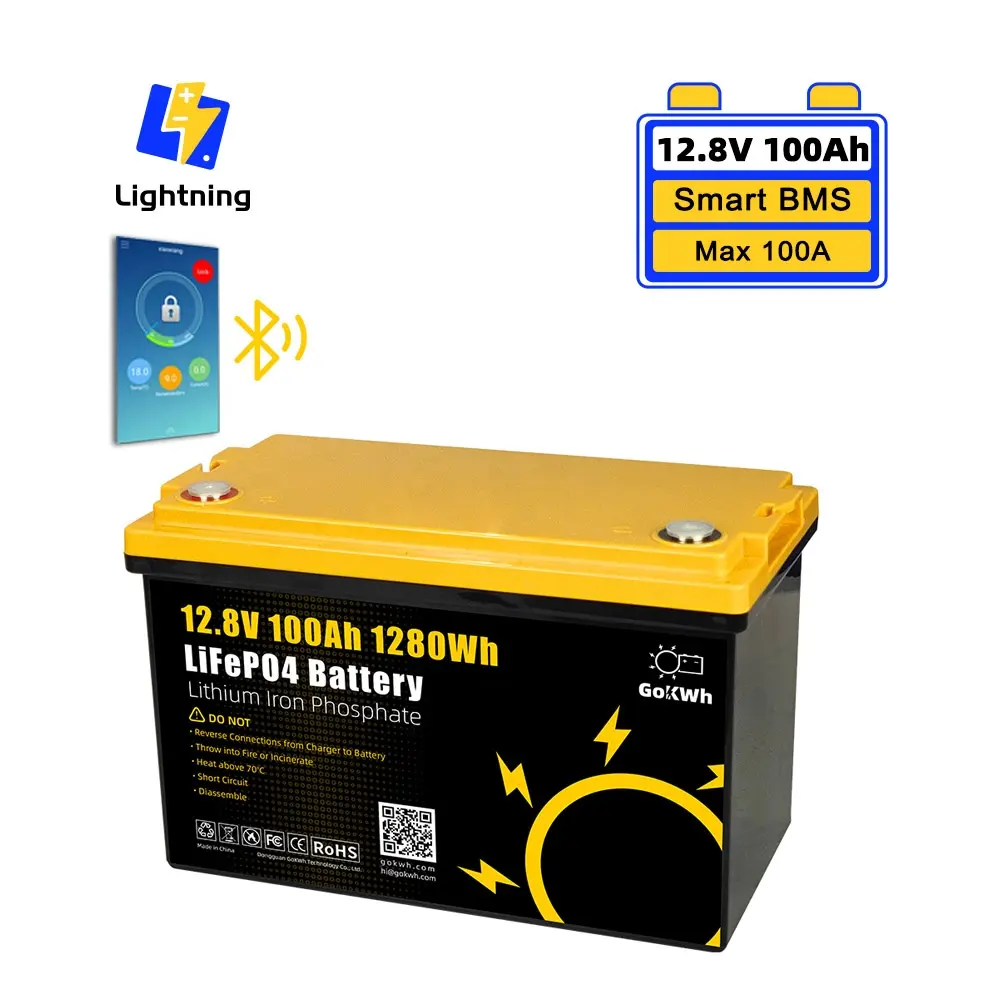 Batteria intelligente GoKWh con Bluetooth Lifepo4 100Ah 12V 12.8V per RV barca a casa Trolling banca solare