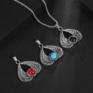 Stainless Steel Wings Pendant <b>Necklace</b> With Red Gemstone For Men Gift SP968 - Product Image 3