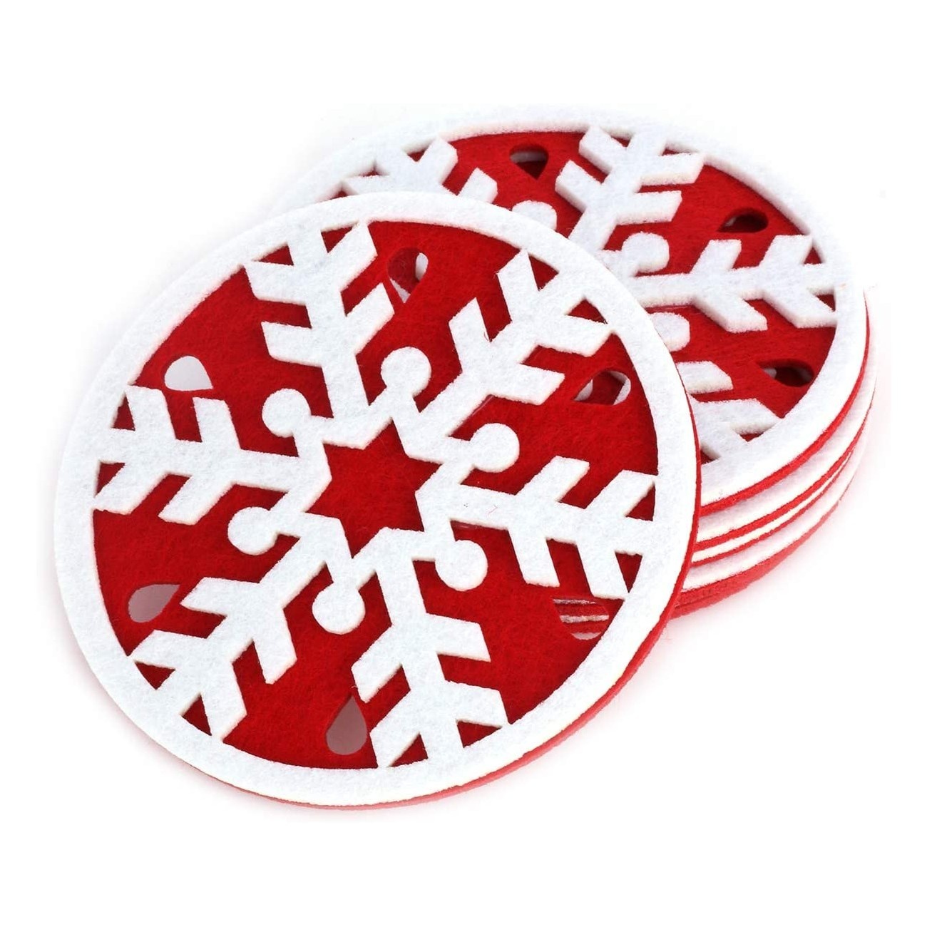 Fiocchi Di Neve E Una Tazza Di Te Kungfu Mall Sottobicchieri Di Natale In Feltro, A Forma Di Fiocco Di Neve, 10 Pezzi, Decorazione Natalizia Per La Tavola, Colore: Rosso E Bianco