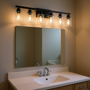 Modern 6-<b>Light</b> 37 Inch Bathroom Vanity <b>Light</b> Black Iron Finish Clear <b>Glass</b> <b>Shades</b> Warm White Incandescent Surface Mounted - Product Image 2