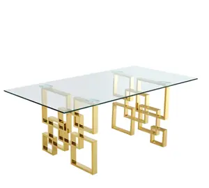 Tavolo da pranzo in vetro tavolo da pranzo moderno in acciaio inossidabile dorato con gamba rettangolare quadrata rotonda in vetro temperato trasparente