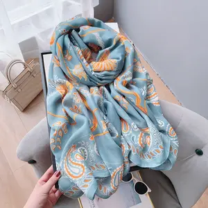 Ladies Fashion Long Large 100% Viscose Printed Shawls For Women Head Wrap Hijabs Fashion Bird Pattern Cotton Printed Scarf