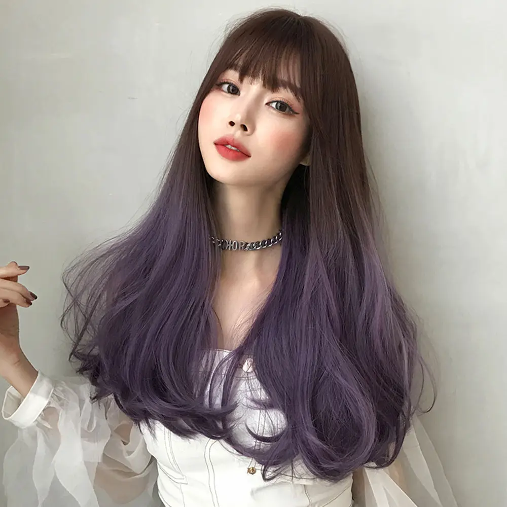 Ombre Purple Wig 26 Inches Korean Hair 150% Density Long Straight Wig With Bangs Synthetic Lavender Purple Wig For Cosplay