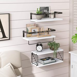 Estantes Flotantes de Madera de Estilo Rústico Blanco, Montados en la Pared con Cesta de Almacenamiento de Alambre y Barra para Toallas, para Baño, Cocina, Dormitorio - Product Image 6