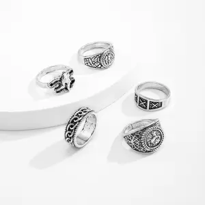 Men's Trend Metal Ring Retro Style Cool Design Sense Totem Geometric Men's Ring 5-piece Set