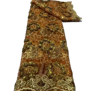 Оптовая продажа, африканская вышитая бисером кружевная ткань с блестками для свадебного платья