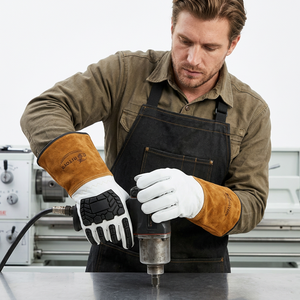 Gants de travail en cuir blanc avec paume et bouts des doigts antidérapants à motif de pneu de tracteur noir, manchette droite, gants de sécurité polyvalents - Product Image 5