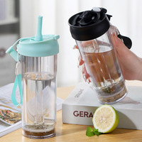 Tasse de paille en plastique transparente double couche décontractée grande capacité bouteille d'eau de sport portable en plein air pour les voyages d'étudiants