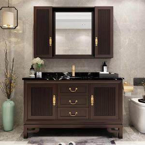 Meuble de salle de bain sur pied en bois massif, style chinois, avec comptoir en marbre de chêne et miroir intelligent. - Product Image 1
