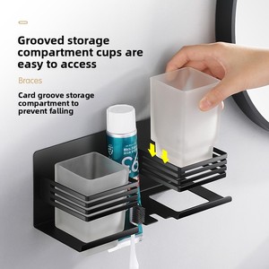 <b>Wall</b>-Mounted Double <b>Toothbrush</b> Cup <b>Holder</b> Matte Black Minimalist Bathroom Organizer Space-Saving Design - Product Image 4
