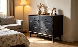 Vintage Black <b>6</b>-<b>Drawer</b> Dresser, Farmhouse Chest with Bobbin Details & White Knobs - Product Image 3