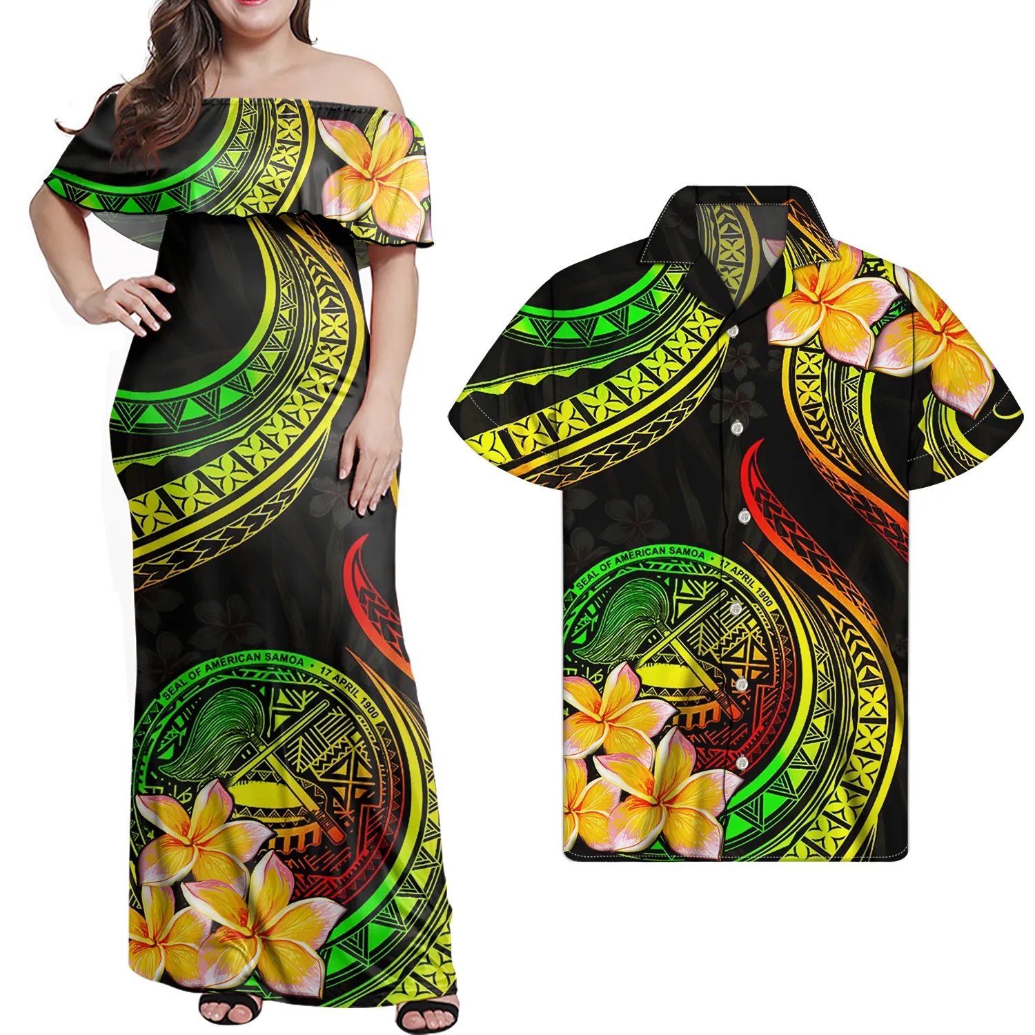 2021 Family Set Freizeit kleid Polynesian Samoa Tribal Printed Custom ized Plus Size Ärmelloses Damen Vintage Kleid und Herren Shirt