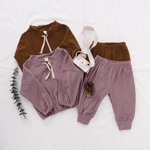Ensemble décontracté à manches longues pour enfant, 2 pièces, haut surdimensionné avec cordon de serrage, <span class=keywords><strong>tenue</strong></span> avec nervures, printemps-automne - Product Image 5