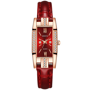 Reloj de cuarzo con diamantes para mujer, de forma cuadrada, elegante, con correa de cuero original. - Product Image 1