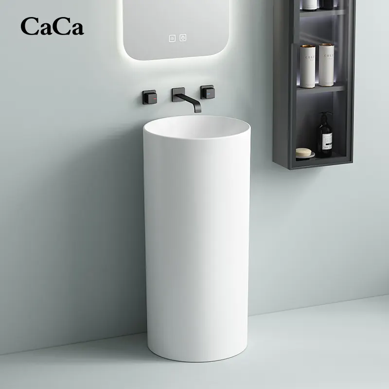 CaCa Wholesale White round Basin with Pedestal Lavamanos modern ceramic wash basin and free standing sink