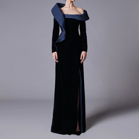 ZHYT 73465 une épaule Satin asymétrique épaule à manches longues noir soirée haute fente Maxi parole longueur fête robe de bal
