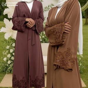 9.9 grande vendita di lusso Abaya graziosi fiori Applique con paillettes lucide le donne aprono abiti di tacchino islamico Abaya musulmano 1989 # - Product Image 1